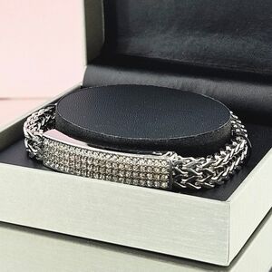 American Exchange Bracelet Silver Stainless Steel Pave Crystal ID Bracelet 8.5"